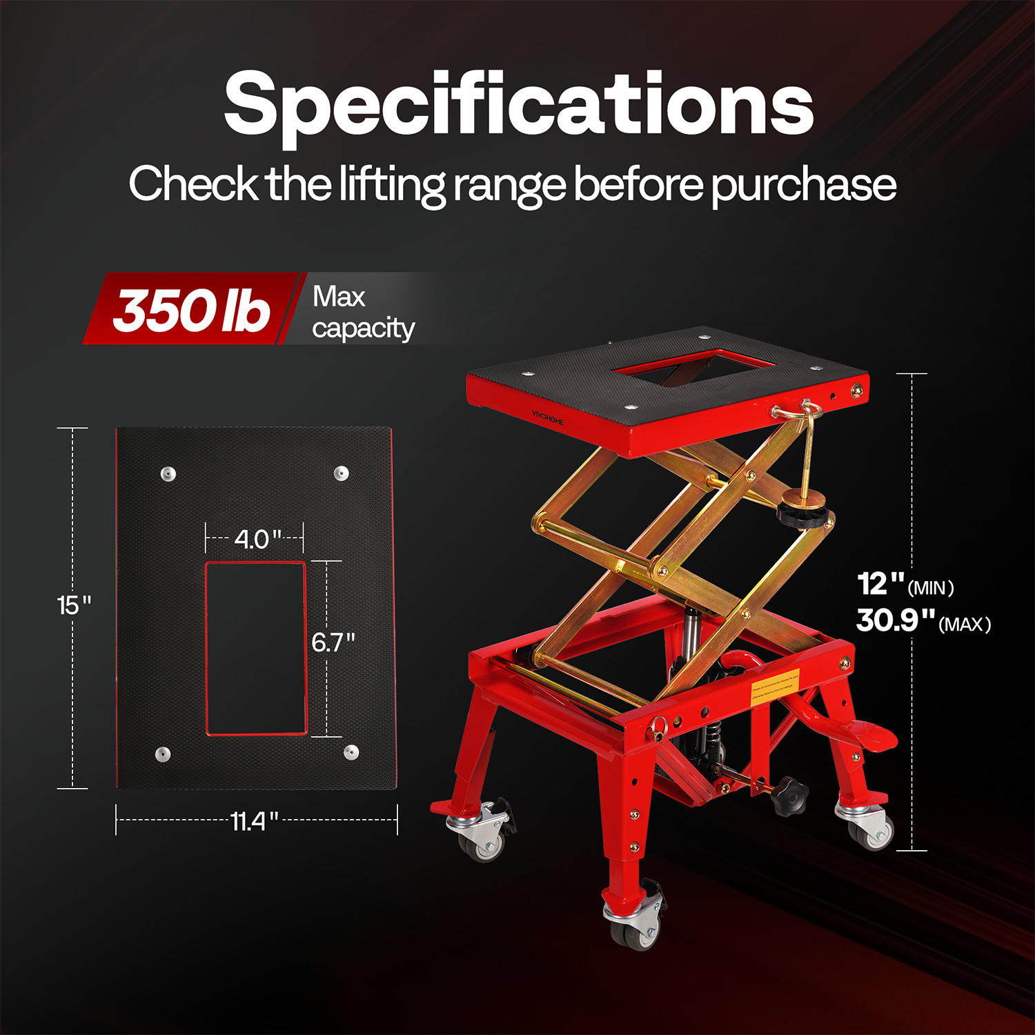 350lbs Hydraulic Motorcycle Lift Table ATV Dirt Bike Scissor Jack Stand 4 Wheels