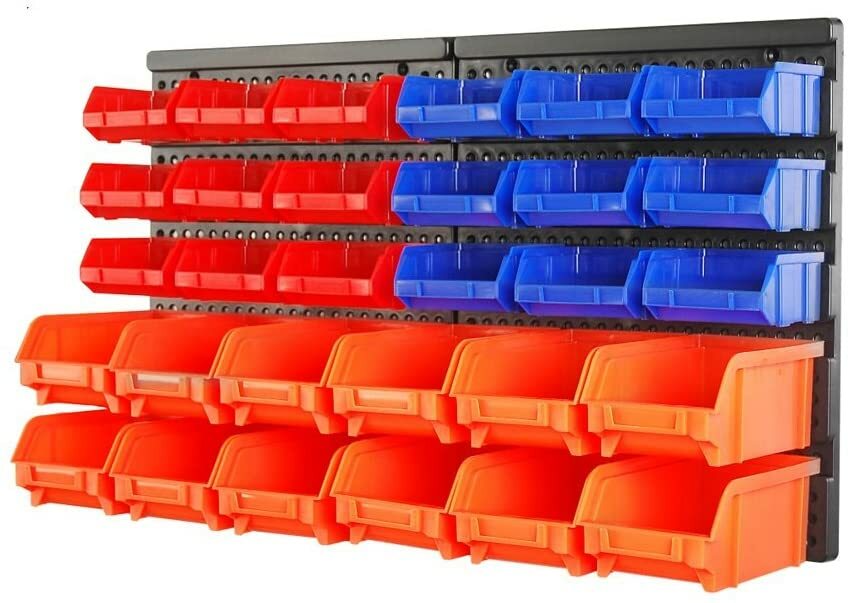Wall Mounted Storage Bins Parts Rack 30 Bin Organizer Garage Plastic Shop Tool