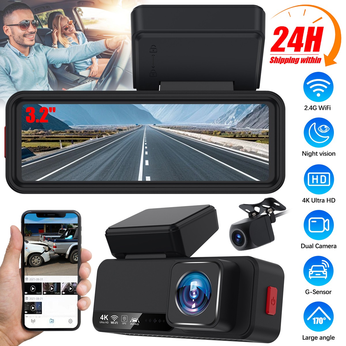 Dash Cam 4K/2.5K Front and Rear WIFI Touch Screen Built-In WiFi & GPS-Track 32G