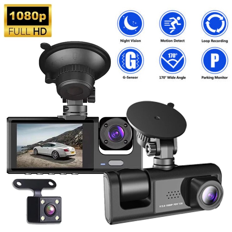 Dual Lens Car Dash Cam 1080P HD Front/Rear/Inside Video Recorder Camera G-Sensor