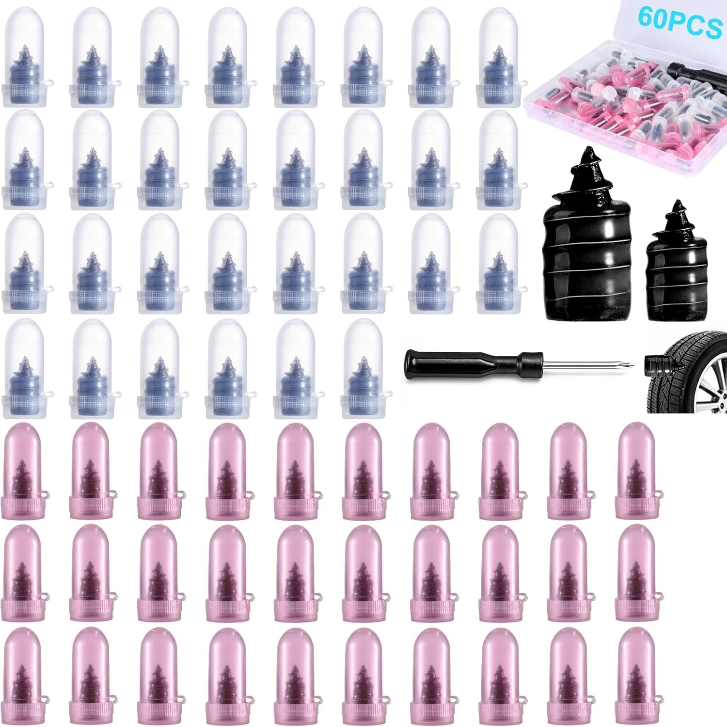60pcs Tire Repair Rubber Nails Vacuum Tyre Spiral Screw Kit w Screwdriver useful