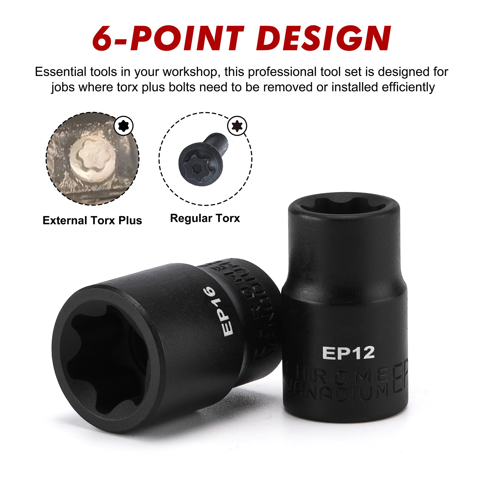 19PCS External Torx Plus Socket Set 6 Point EP Socket EP4-EP32 5 Point 1/2” Dr