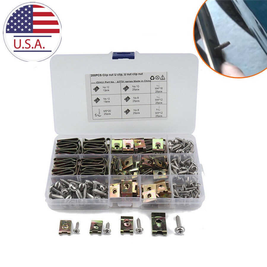 200Pcs Stainless Steel Car U Type Nut Fastener Self-Tapped Screw M 3 M4 M5 Size