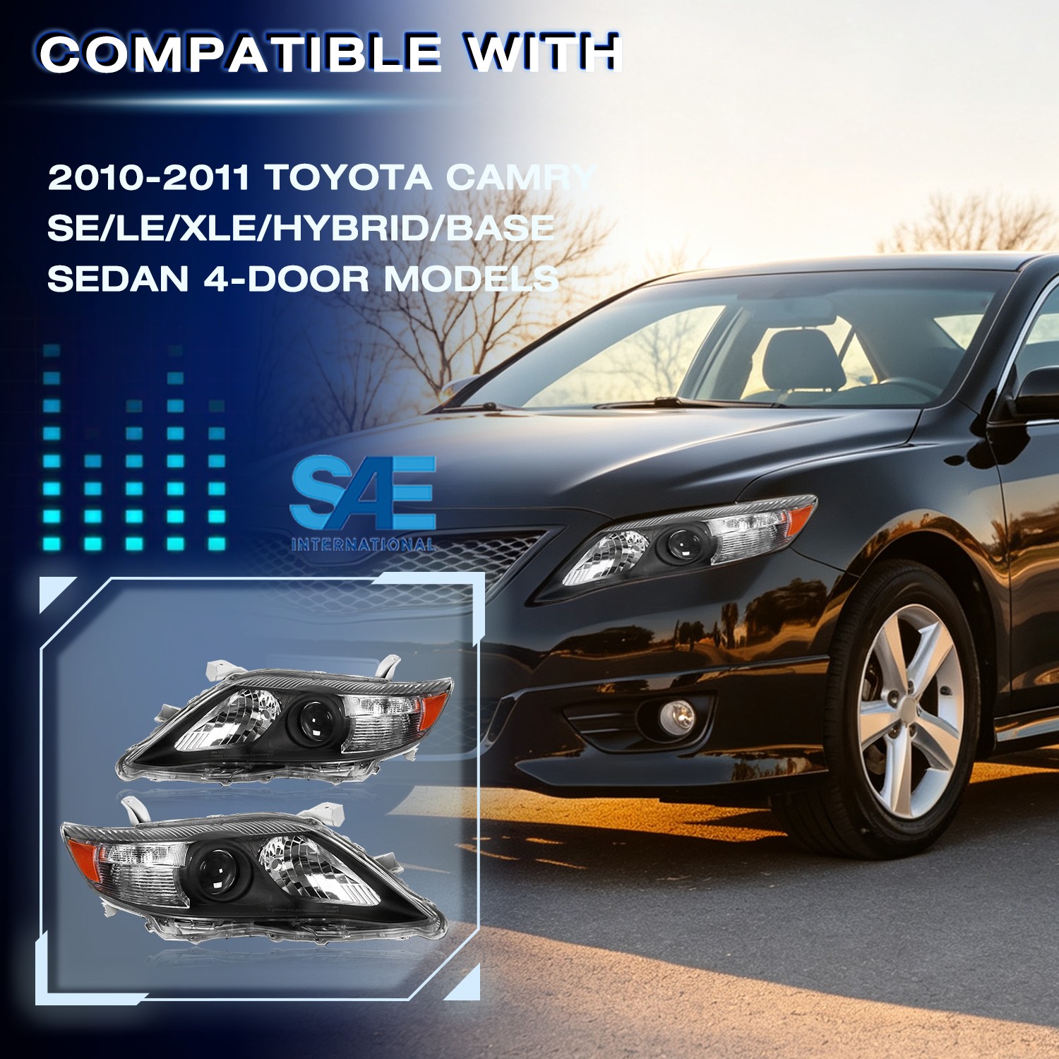 For 2010 2011 Toyota Camry 4Dr Black Amber Corner Projector LH&RH Headlights