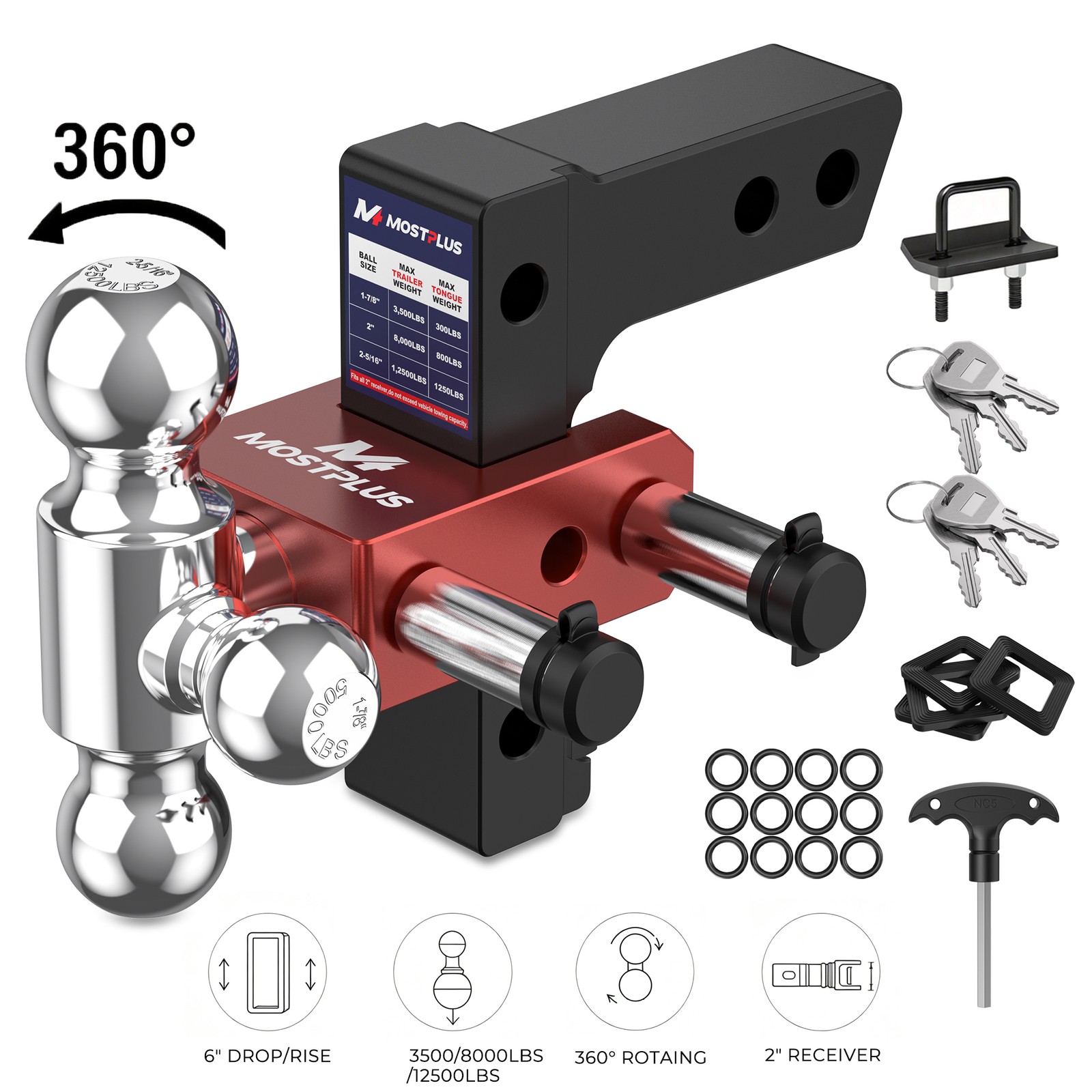 2″ Receiver 6″ Drop Adjustable Trailer Tow Hitch Tri-Balls Capacity 12500lbs