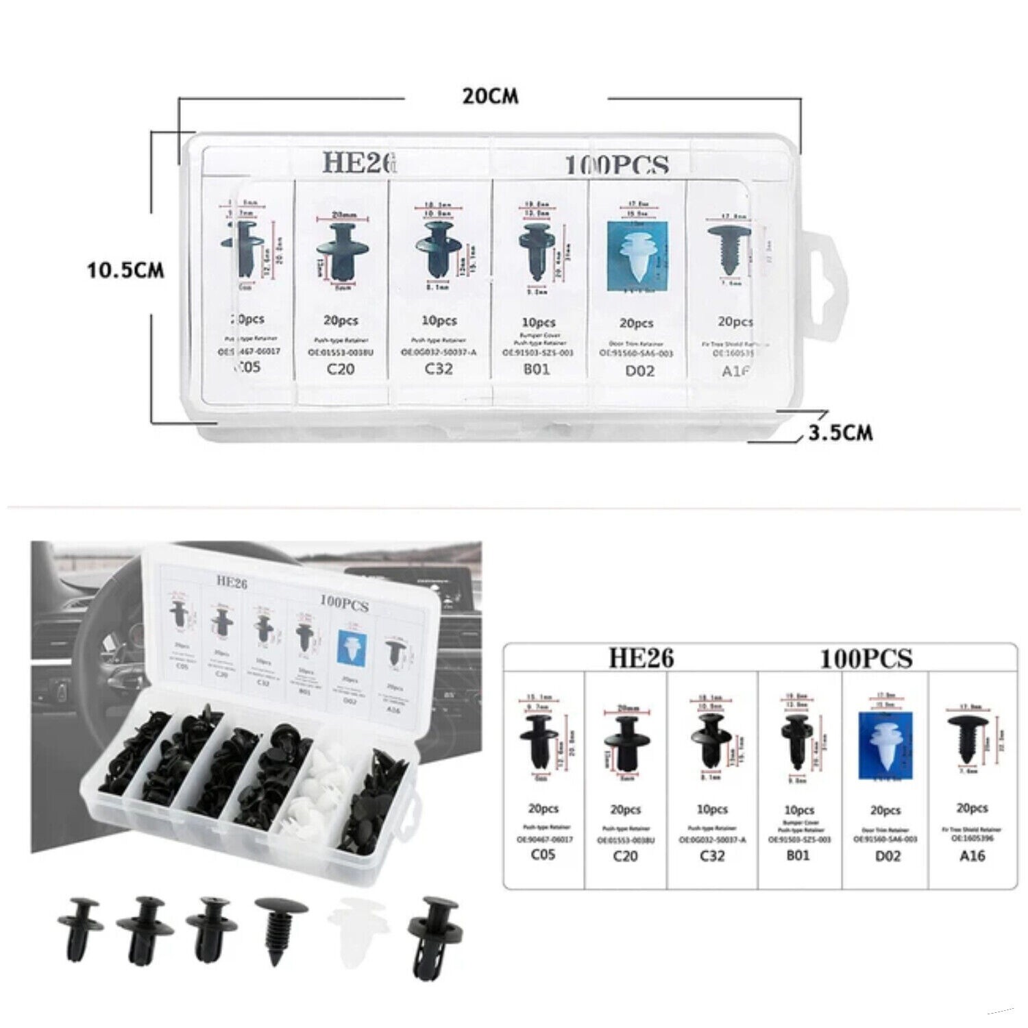6 Size Universal Rivet Push Clips Retainer Fender Liner Fastener 100Pack