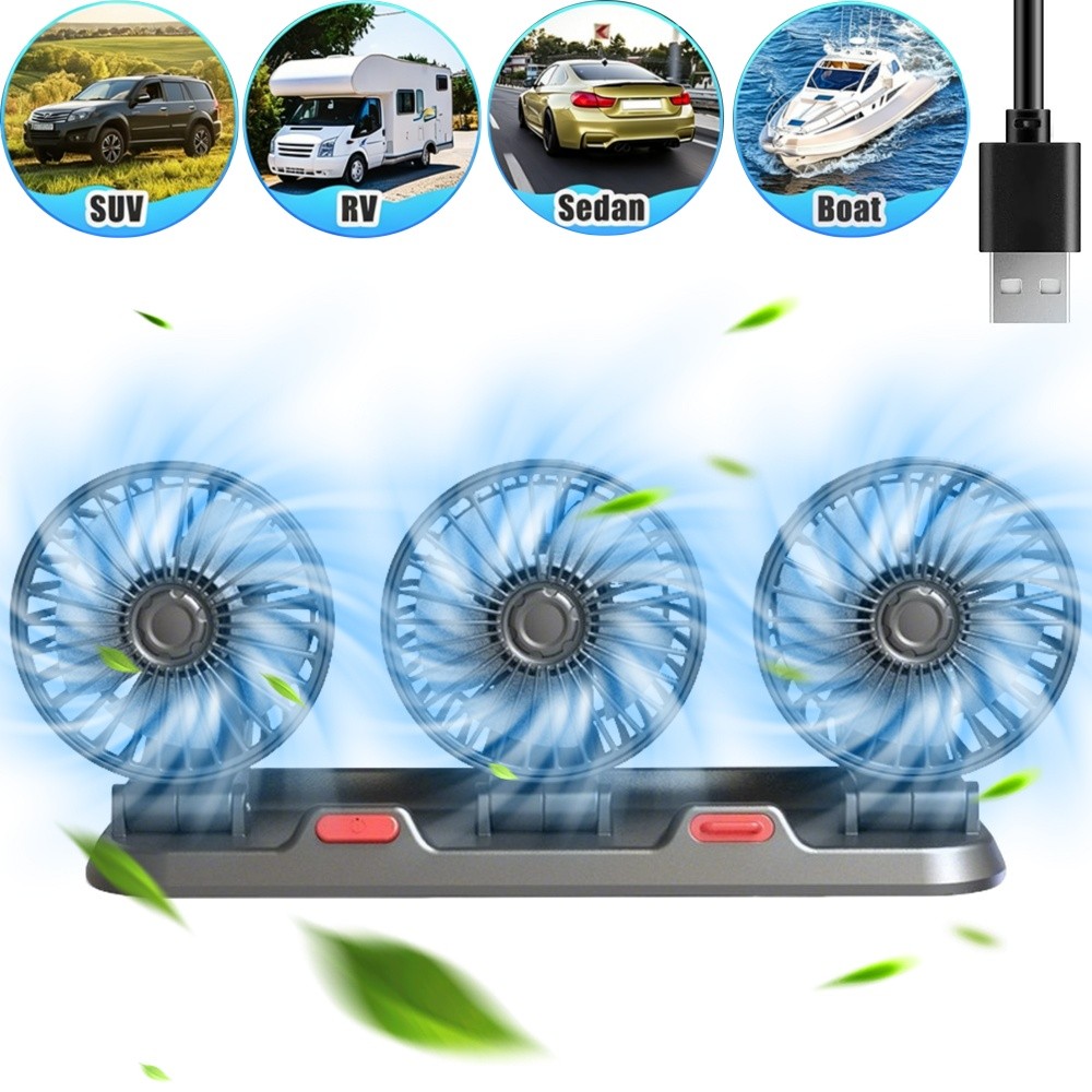 Car Fan Three Head Vehicle Cooling Fan with Two Speeds 360° Rotation for RV SUV