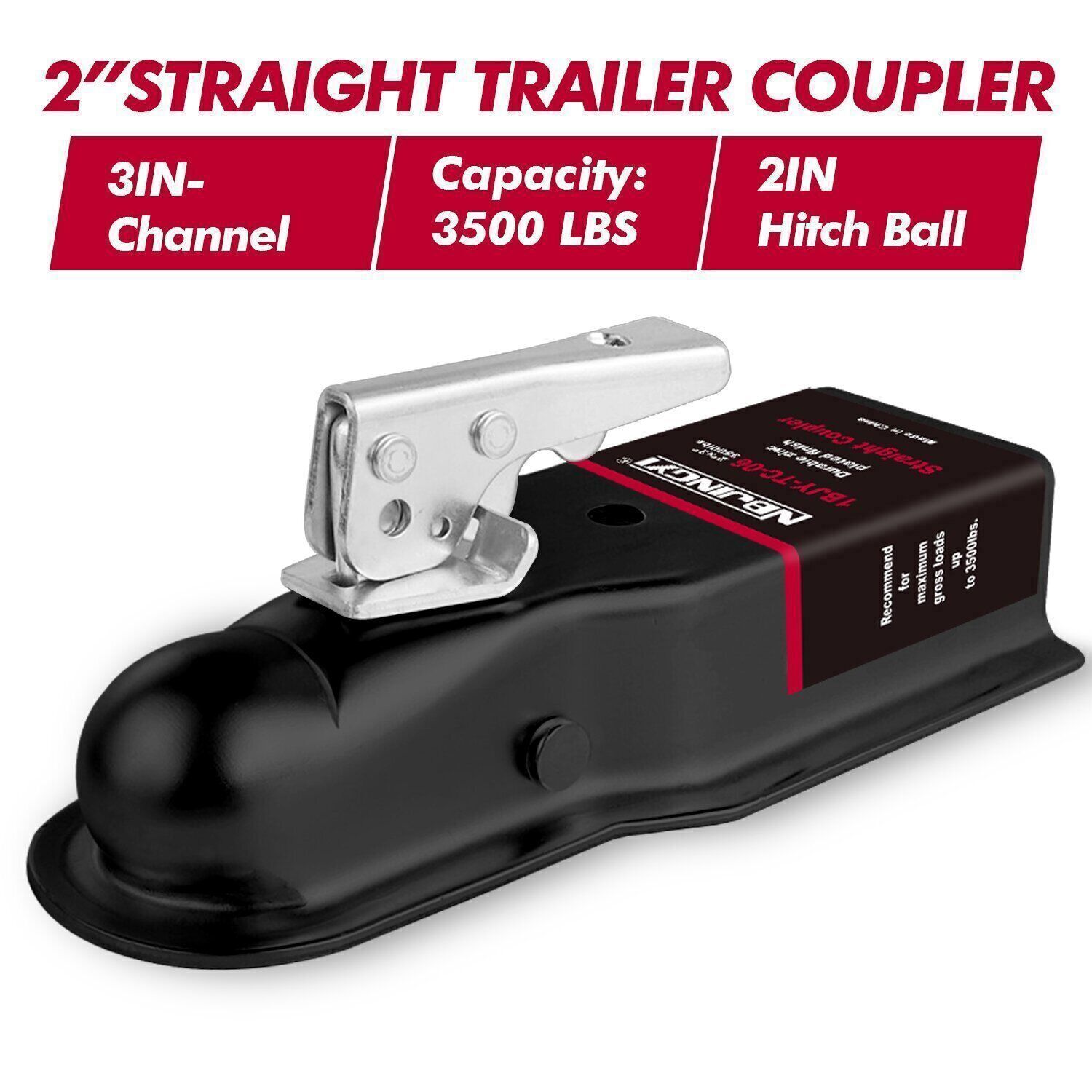 NEW 3500lbs Straight Tongue Trailer Coupler for 3-Inch Channel, 2-In Hitch Ball