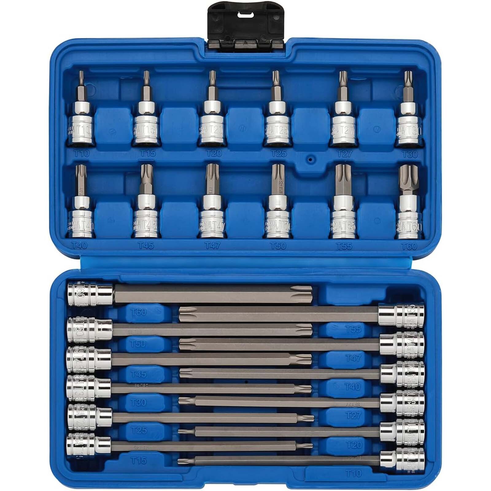 24PCS 3/8″ Drive Torx Bit Socket Set Extra Long Star Bit Sockets Cr-V T10-T50