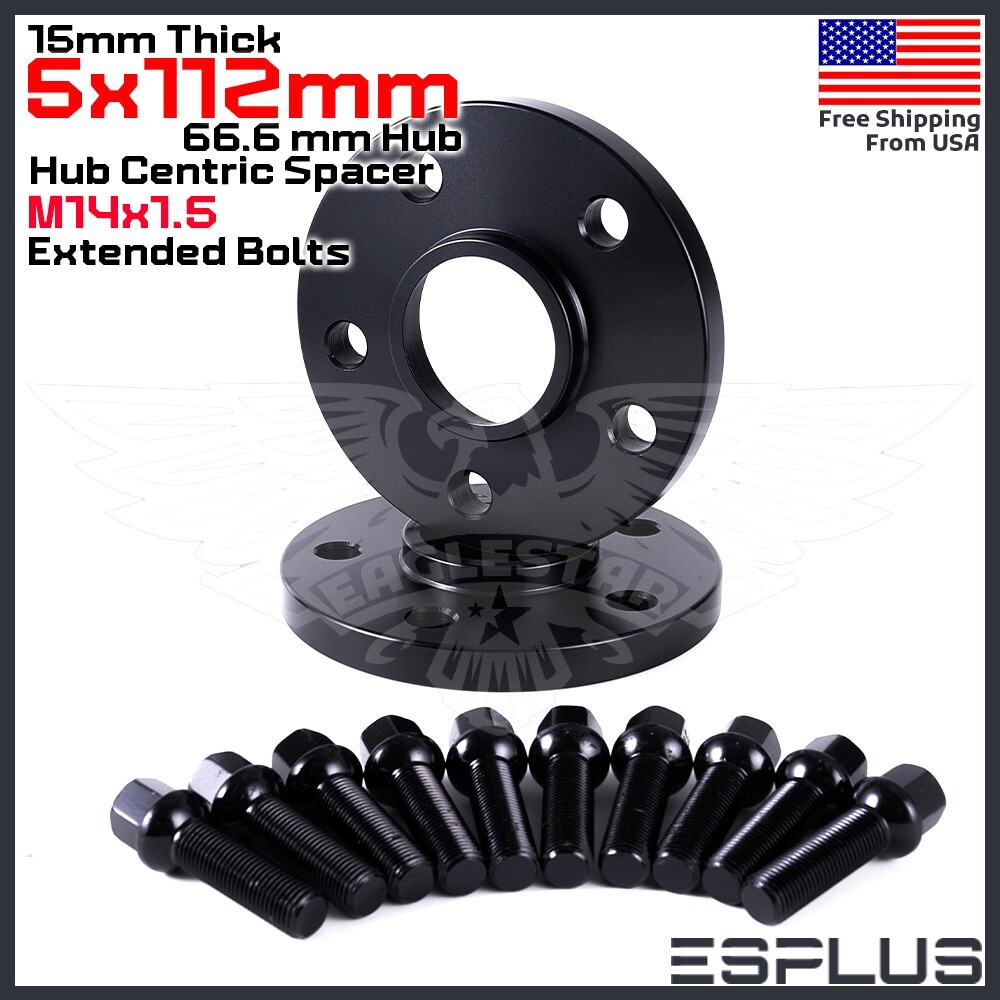 [2] 15mm Thick Audi 5x112mm CB 66.6 Wheel Spacer Kit 14×1.5 Ext Bolts Included
