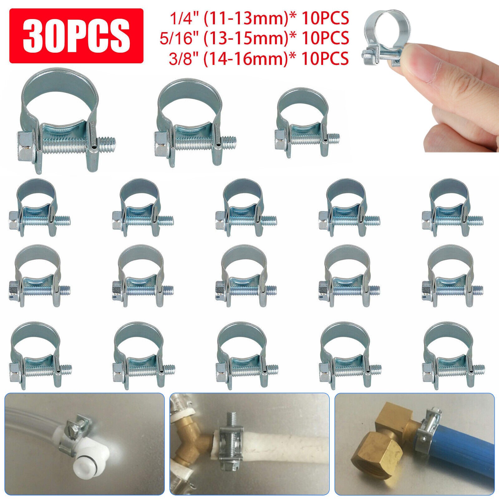 30Pcs 1/4″ 5/16″ 3/8″ Fuel Injection Gas Line Hose Clamps Clip Pipe Clamp Silver