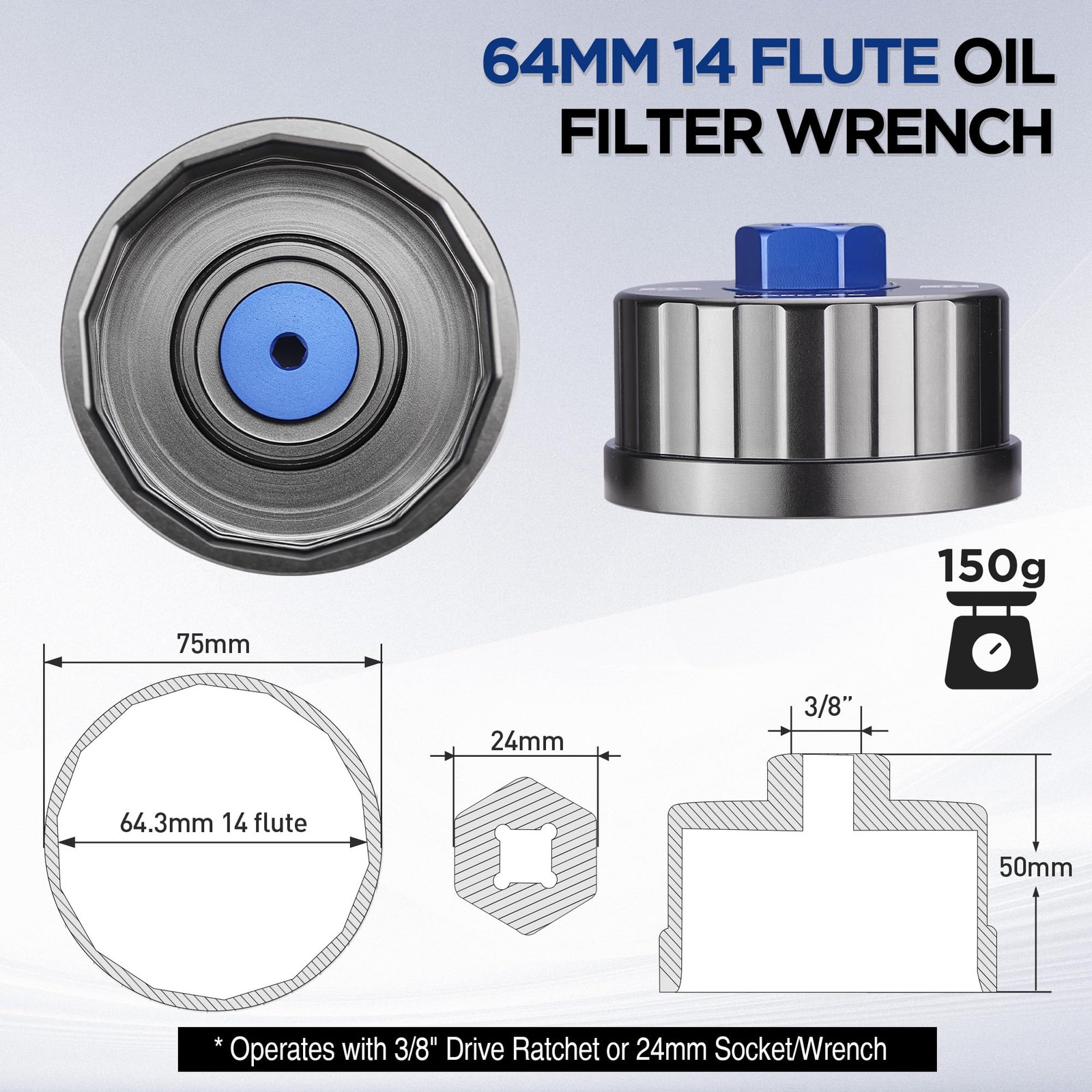 WORKPRO Oil Filter Wrench for Toyota Lexus…, 64mm 14 Flute Precision Blue