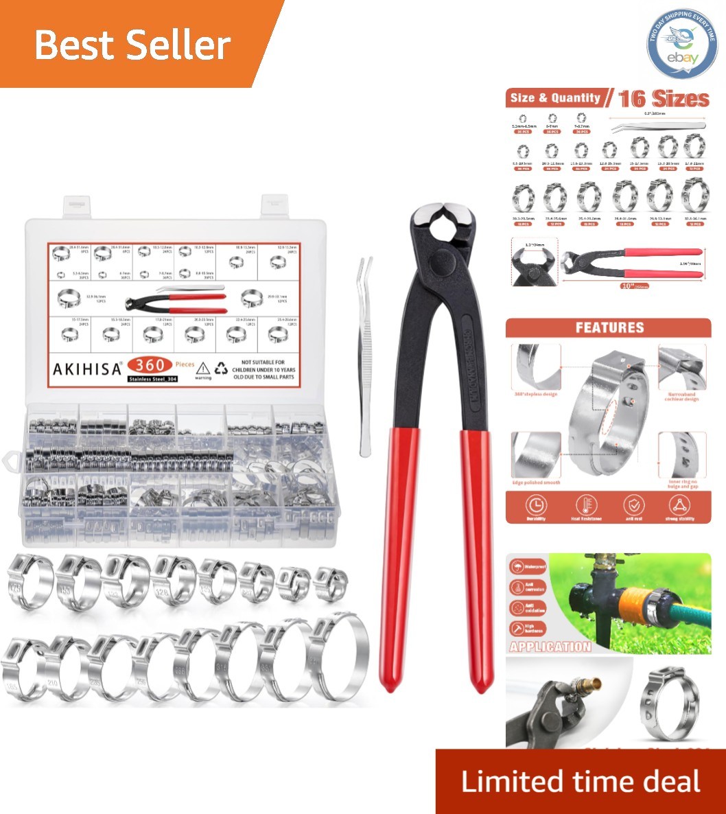 Complete Hose Clamps Kit – 360Pcs in 16 Sizes for Automotive and Plumbing Needs