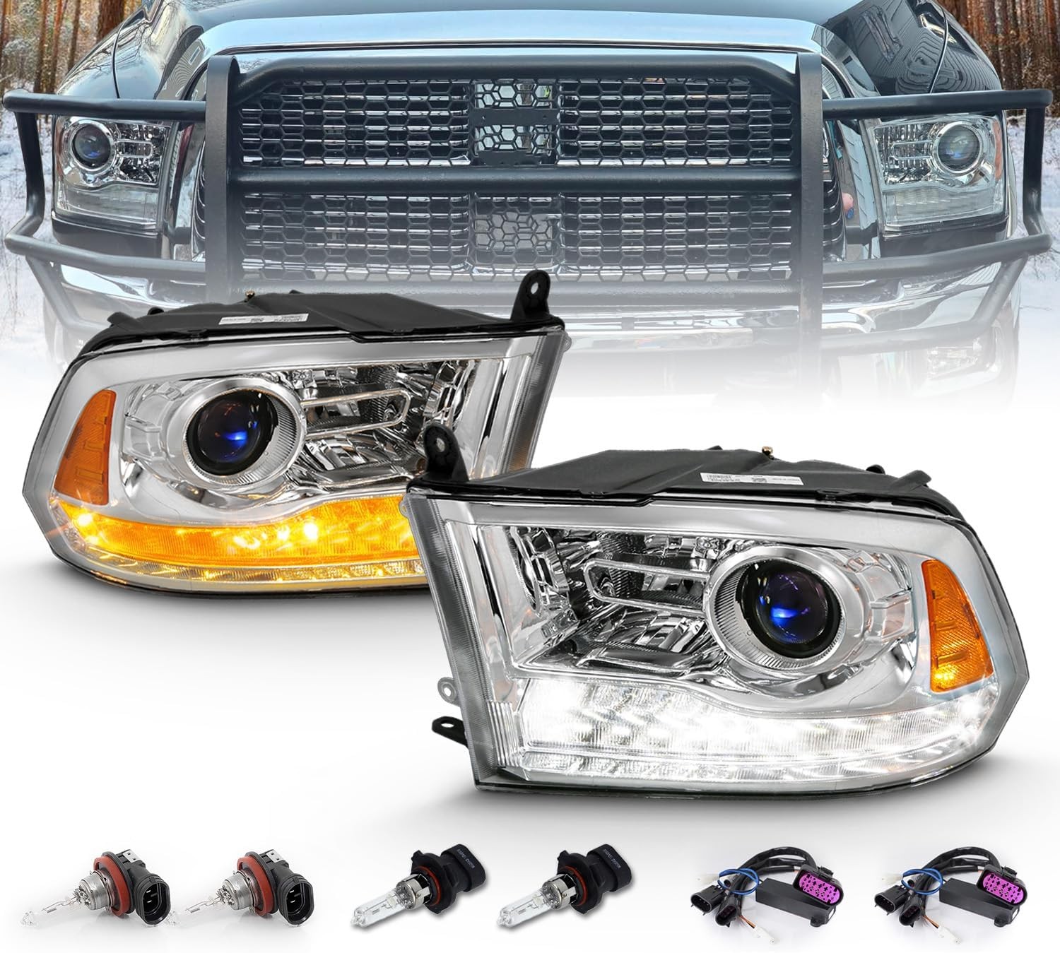 Fit For 2009-2018 Dodge Ram 1500 2500 3500 Chrome Projector Headlights w/LED DRL