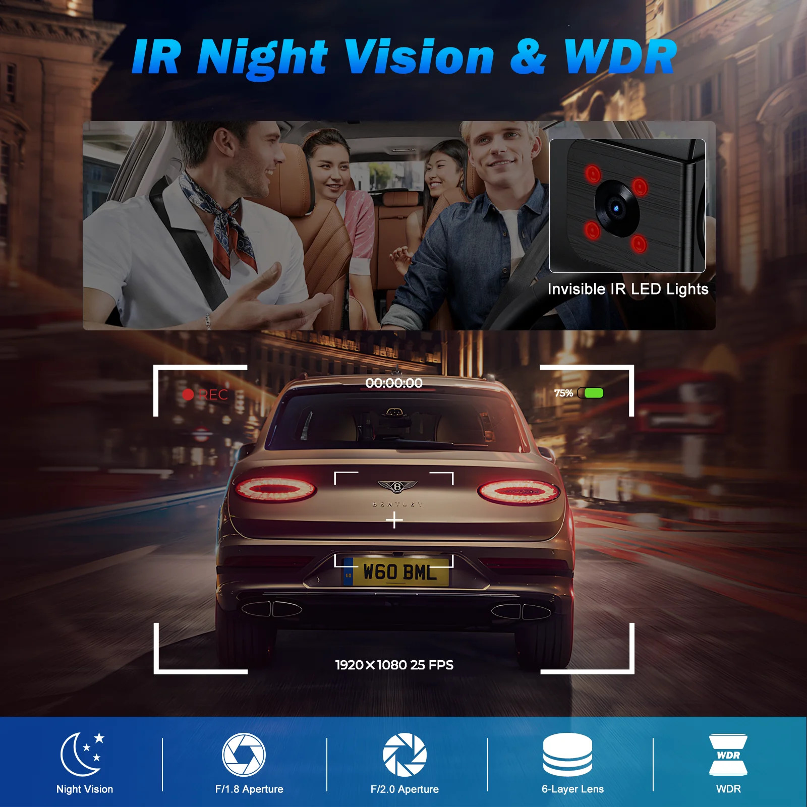 Dash Cam Fr Rear 4K Full HD Dash Camera Built-in WiFi GPS Night Vision, WDR 32GB