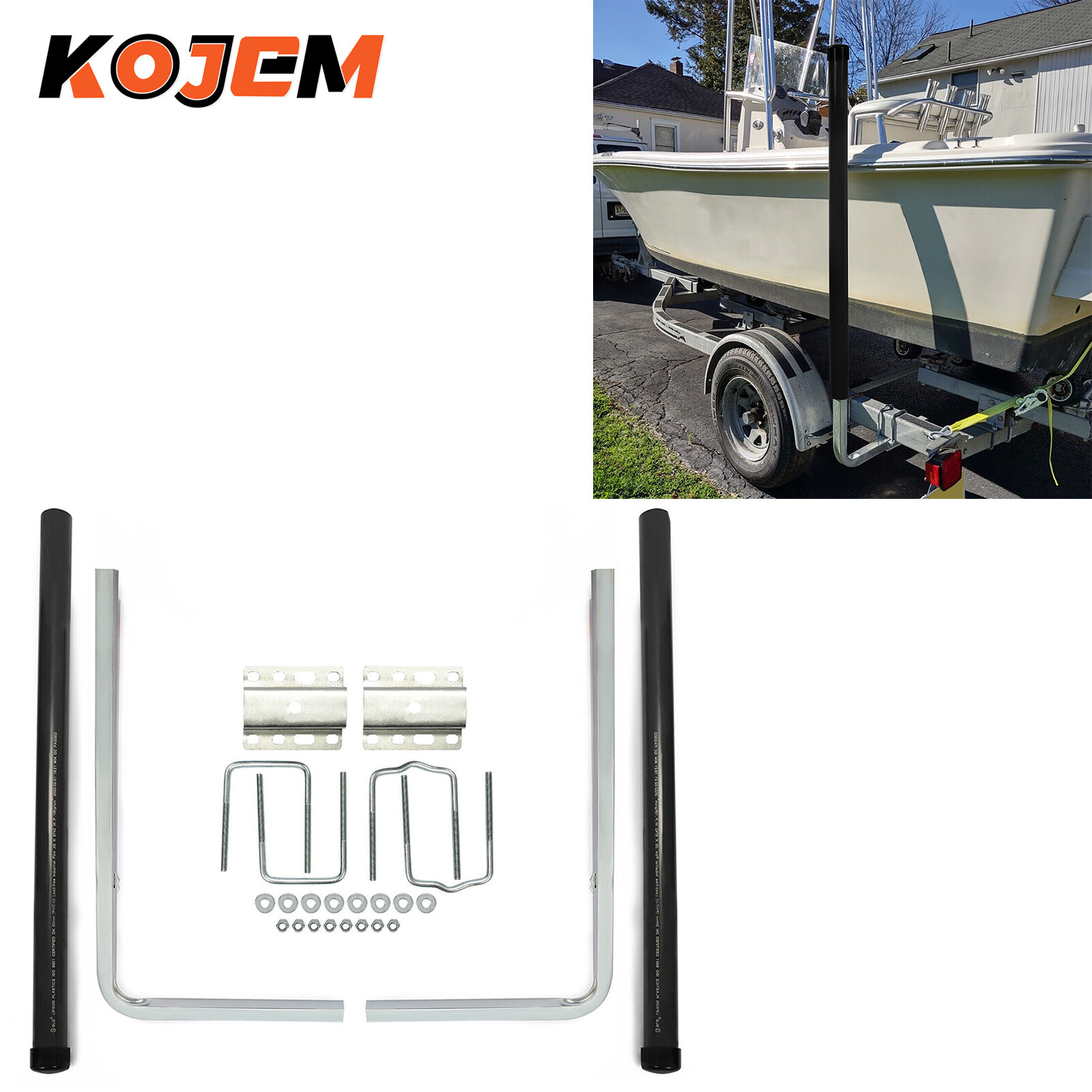 Pair 60″ Boat Trailer Zinc-Plated Guide On Post Kit With PVC Poles Covers Black