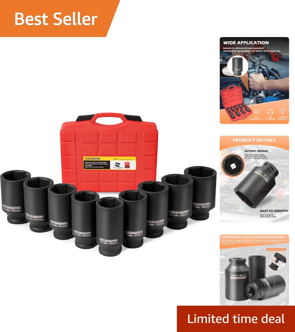 9-Piece 1/2″ Drive Deep Impact Socket Set for Axle Nut Removal, Cr40 Steel