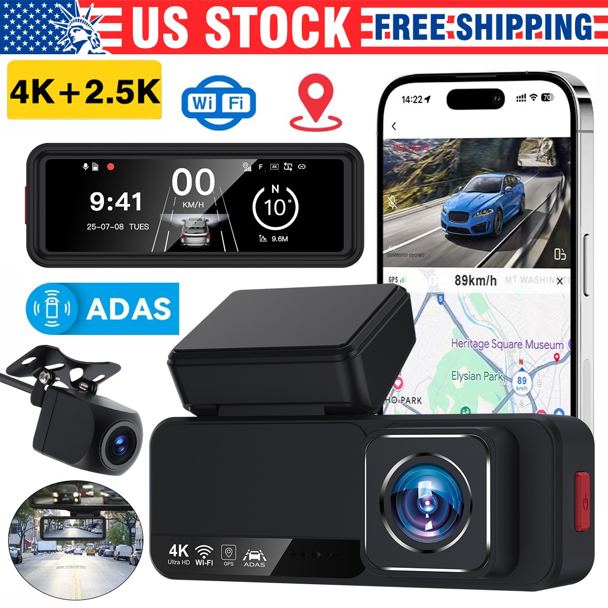 4K UHD Dual Dash Cam View 170° Car Camera Night Vision Built in Wi-Fi Front+Rear