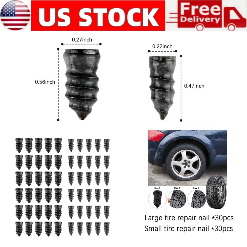 60PCS Tire Repair Rubber Nails Kit with 2 Sizes Tire Screw Plug Repair Tool Kit