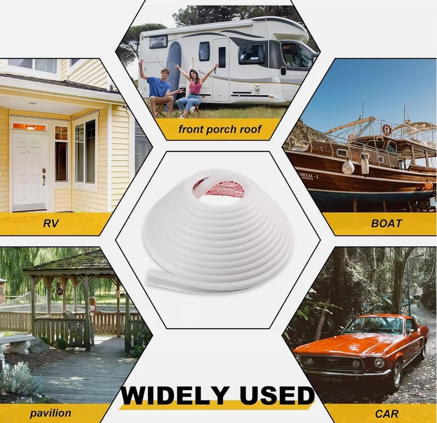 16FT J-Shape For RV Rain Gutter Drip Rail Trim Flexible PVC with Strong Adhesive