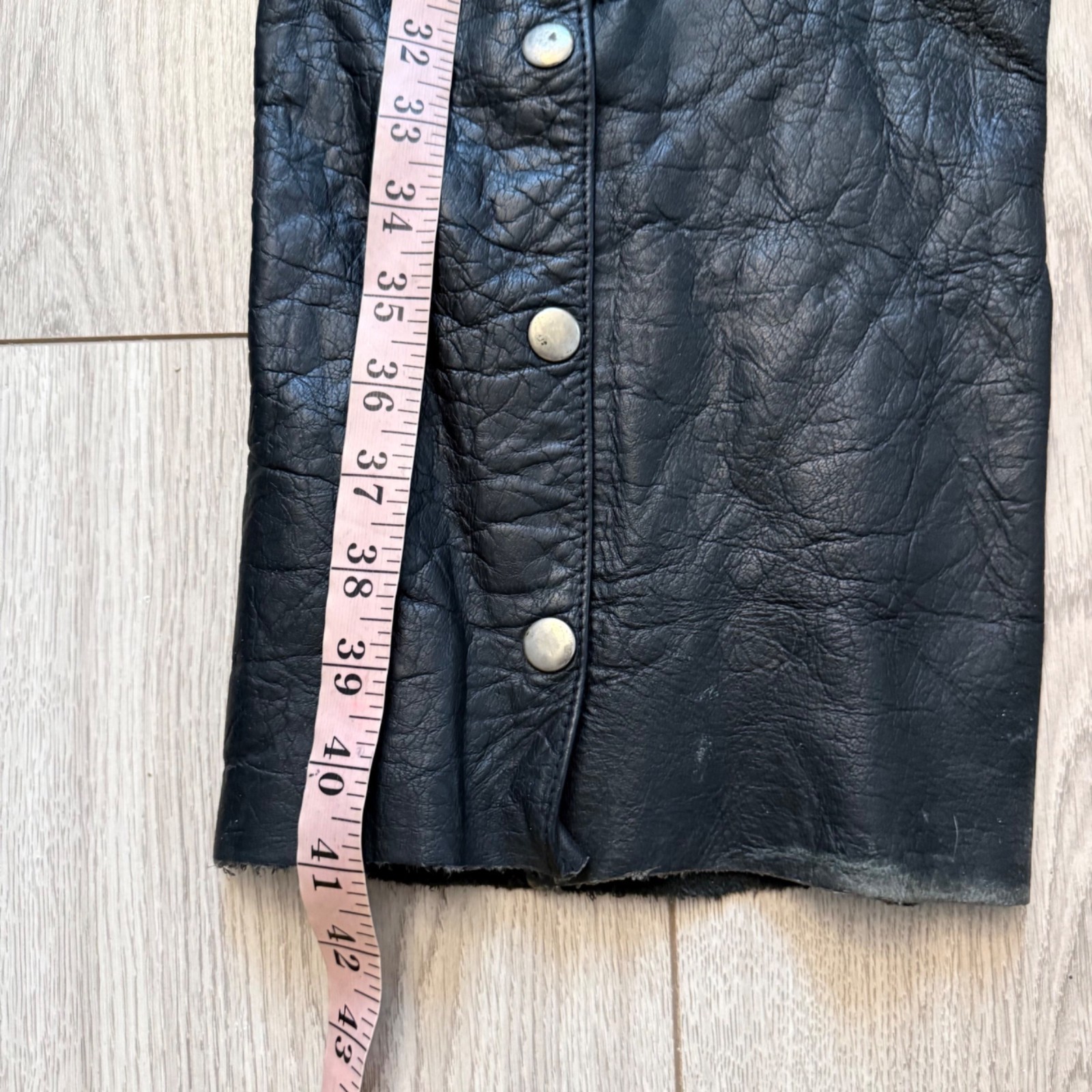 Black Leather Motorcycle Chaps With Adjustable Waist & Snap Closure