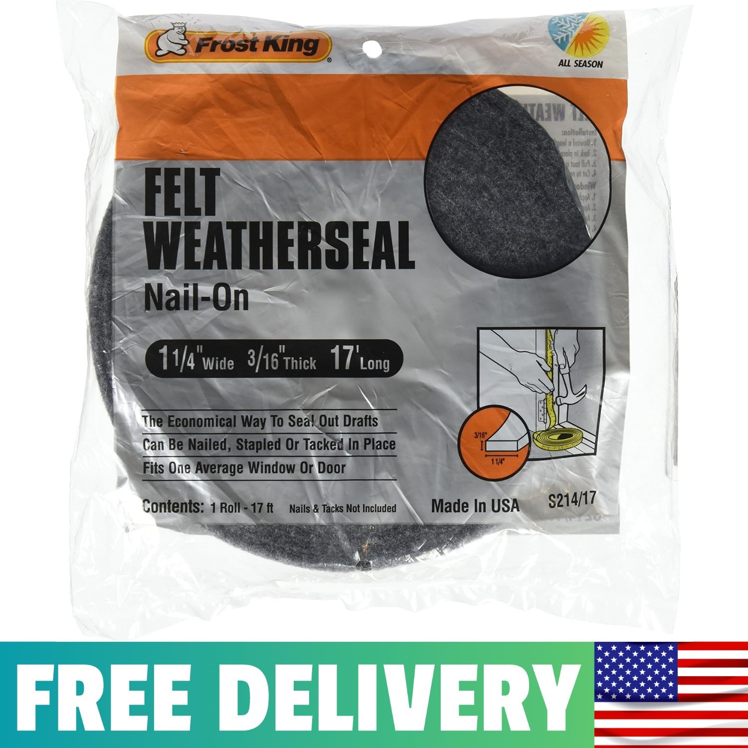 S214/17H Felt Weather-Strip 1-1/4-Inch By 3/16-Inch By 17-Feet, Grey