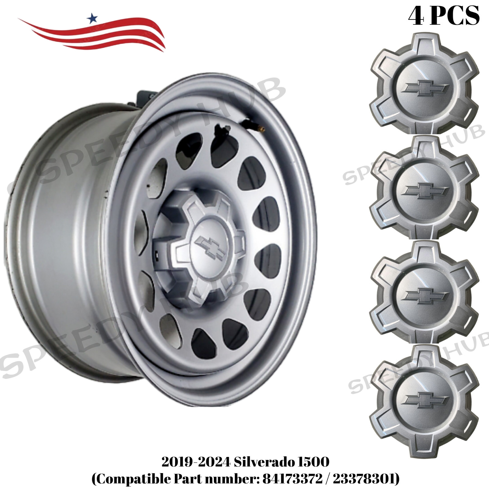 4* NEW 19 – 23 Chevrolet Silverado 1500 Painted Silver Center Cap P/N 84173372