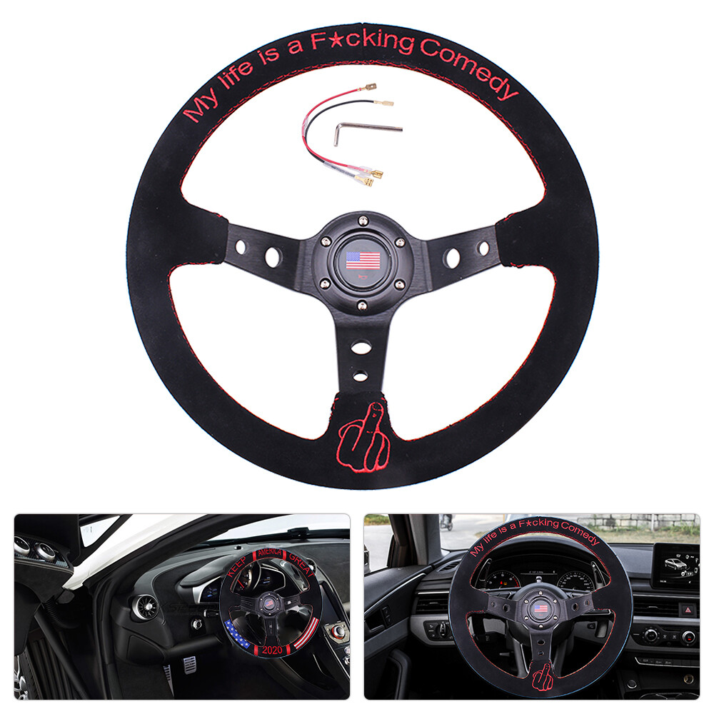14inch 350mm Suede Leather Grip Steering Wheel Hand 9.5cm Dish for Racing