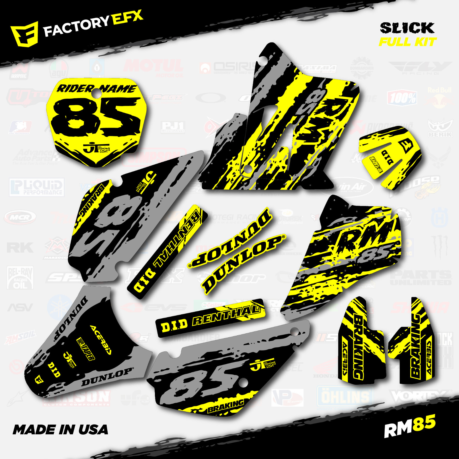 Gray & Yellow Slick Racing Graphics Kit fit Suzuki RM85 01-21 Plates RM 85 Decal