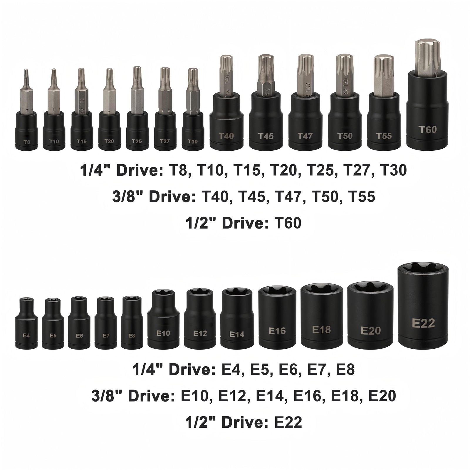 25PCS Torx Bit Socket and External Socket Set T8- T60 & 12 Female E-Torx Sockets