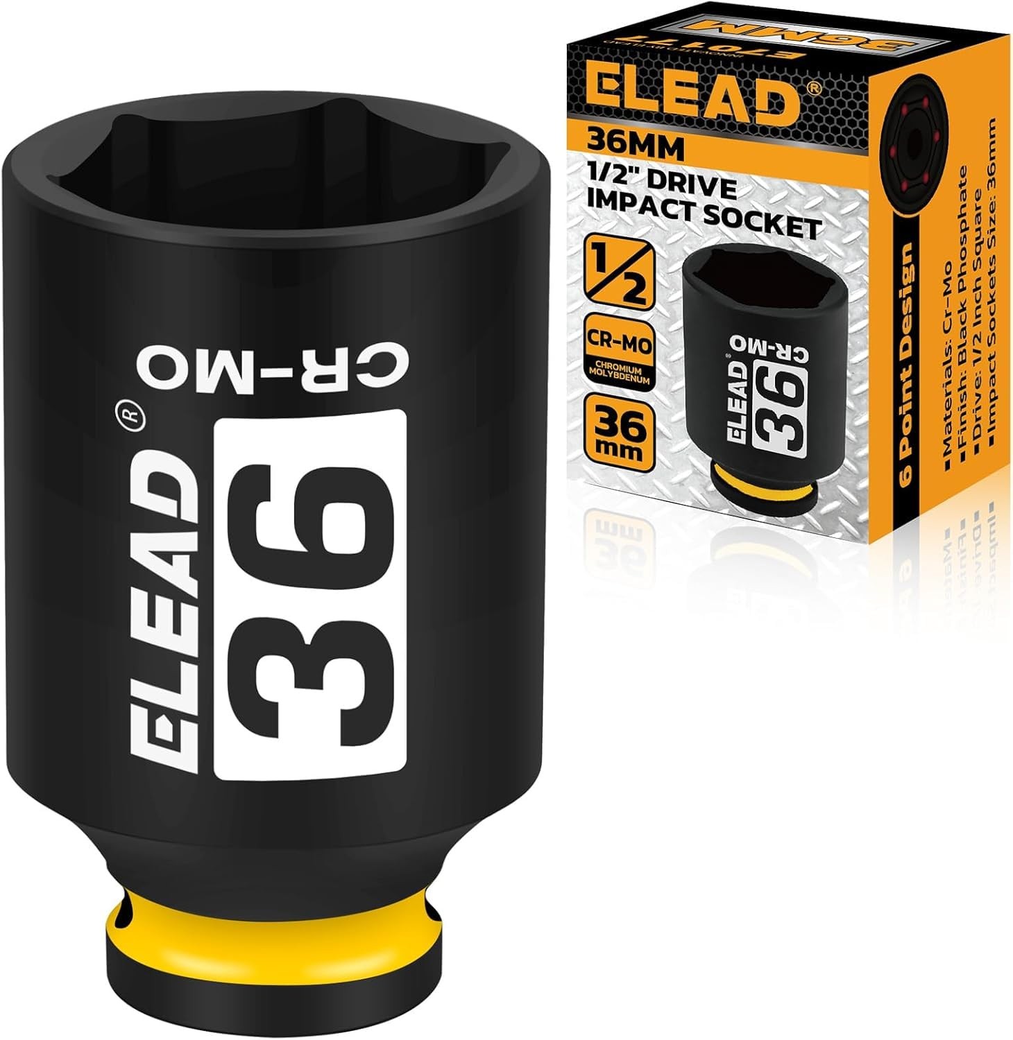 ELEAD 36mm Socket 1/2″ Drive Deep Impact Socket, Metric 6 36mm, Yellow
