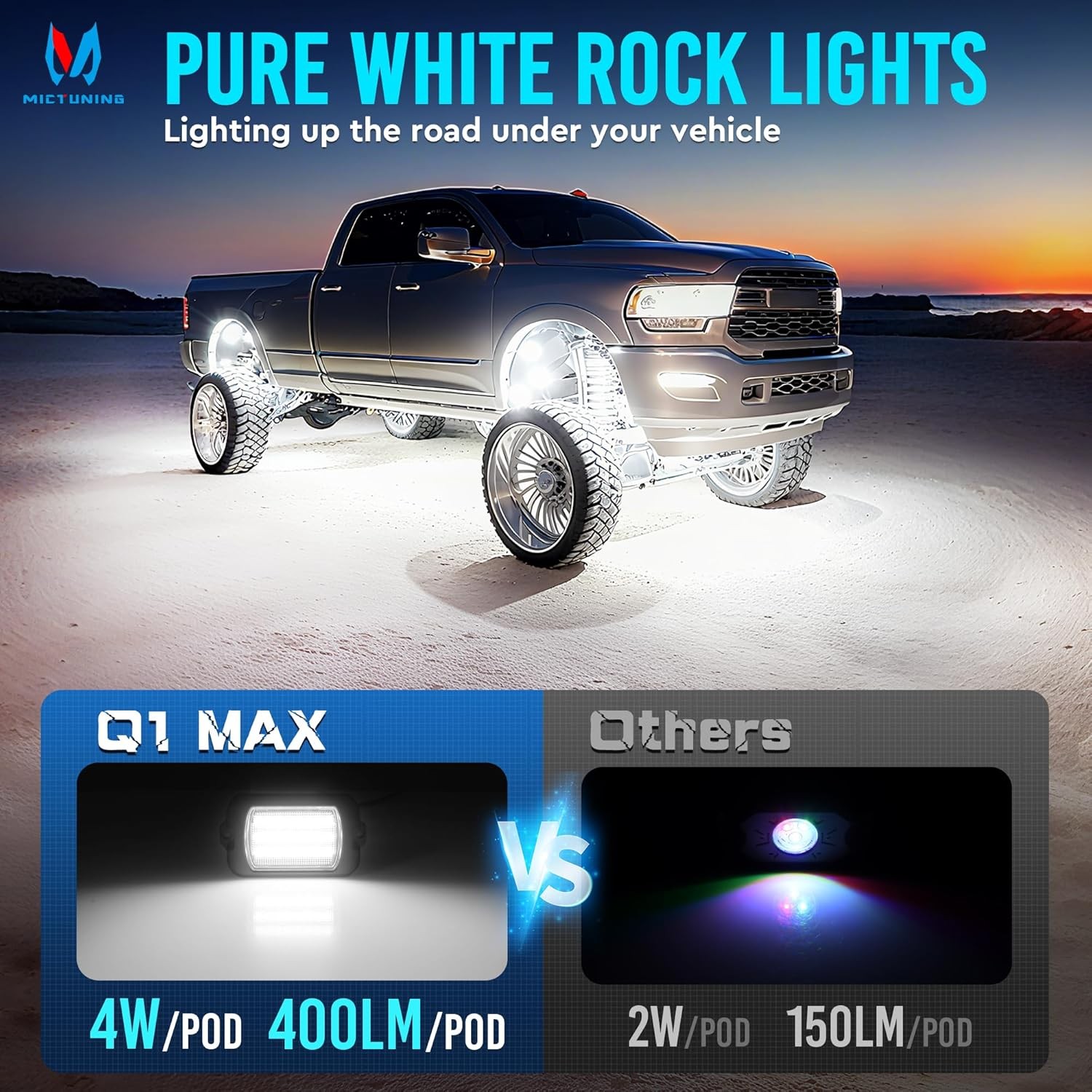 MICTUNING Q1 MAX White Rock Lights 4 Pods Underglow Neon Light Kit Super Bright