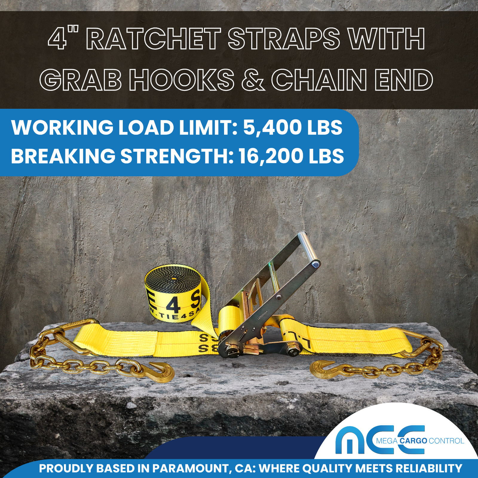 2 Pack USA 4″ x30′ Ratchet Strap W/Chain Extension Flatbed Truck Tie Down Yellow