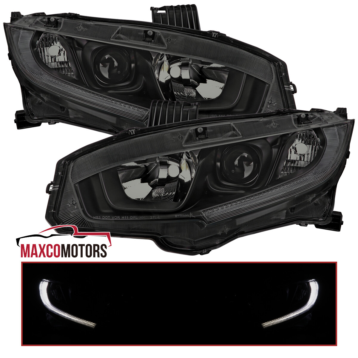 Smoke Fits 2016-2021 Honda Civic Halogen Type LED Bar Projector Headlamps