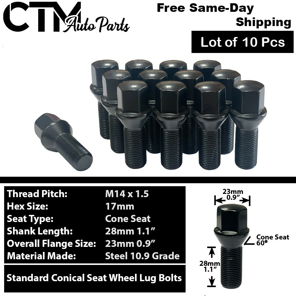 10x Black 14×1.5 Cone Seat Wheel Lug Bolts 28mm Shank Fit BMW & EU Exotic car