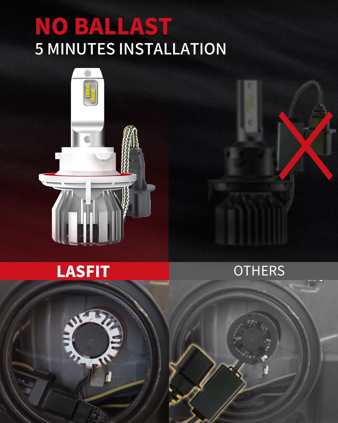 Lasfit H13 9008 LED Headlight Bulb High Low Beam 6000K 50W 5000LM Bright White