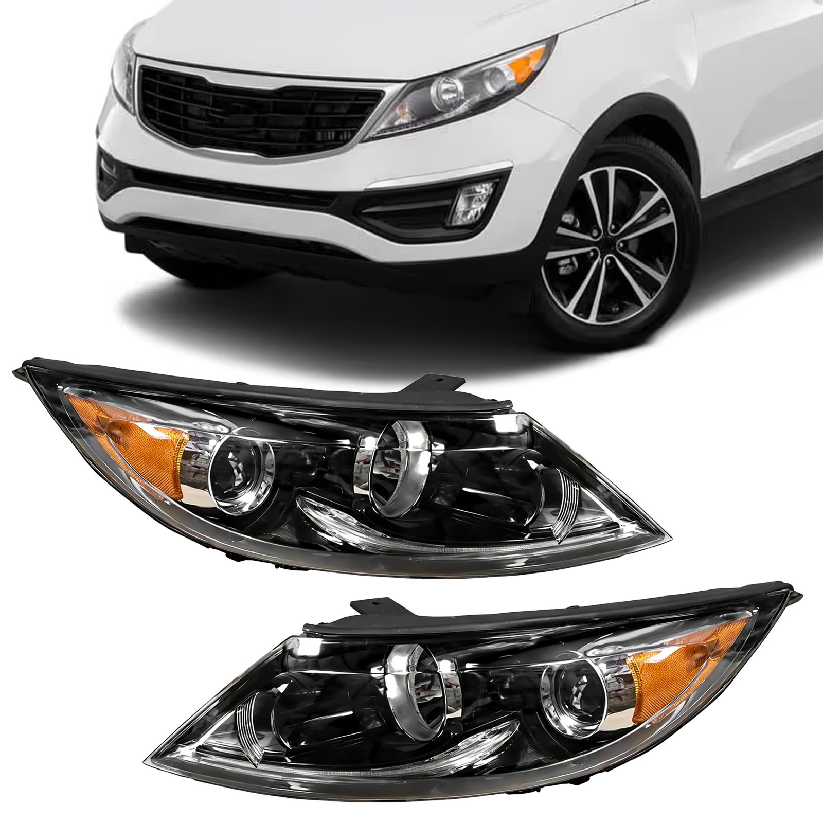 Halogen Headlights w/LED DRL For 2013-2016 Kia Sportage Driver & Passenger Side