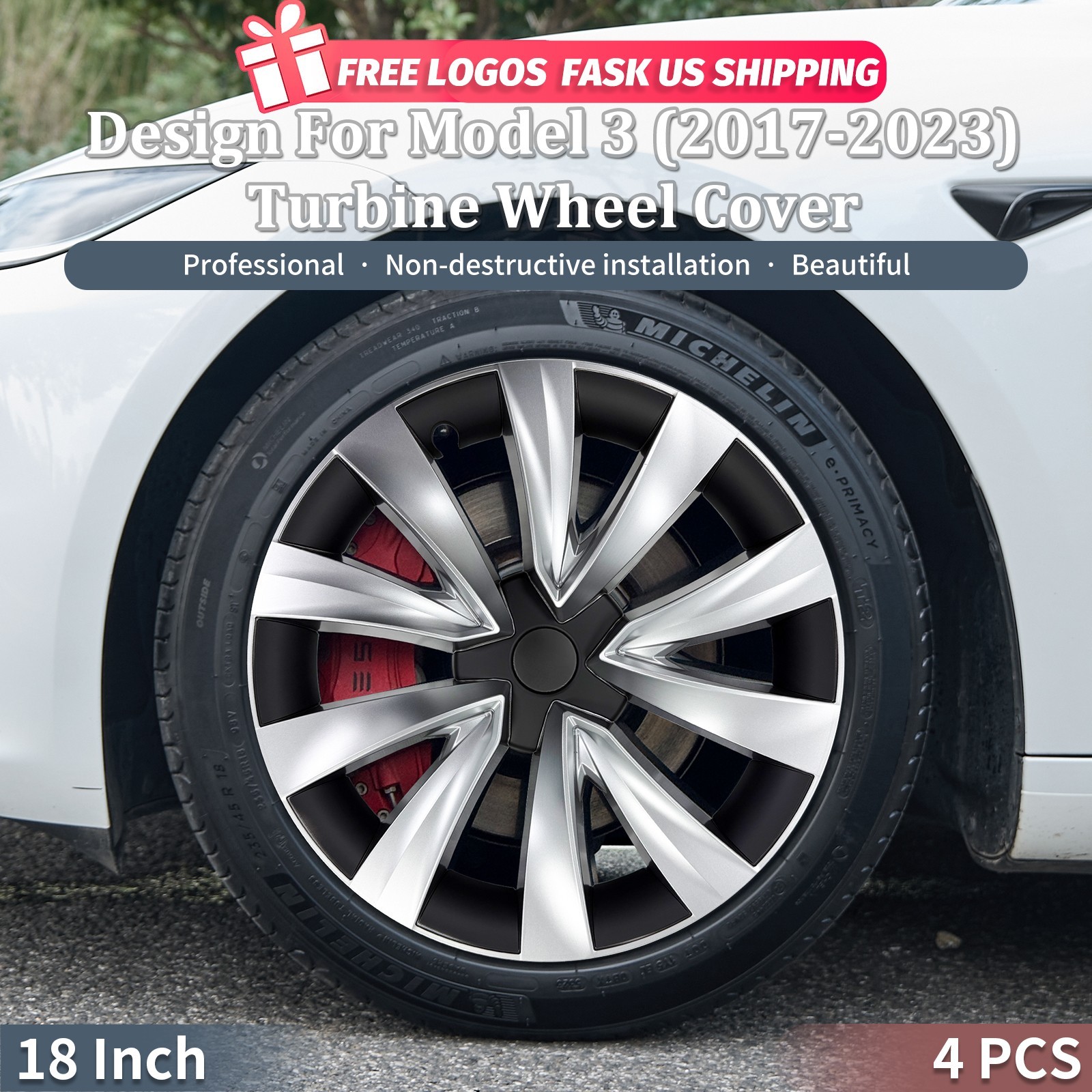 4PCS 18 Inch Hubcaps Design for Model 3 (2017-2023) Turbine Wheel Hub Cap Silver