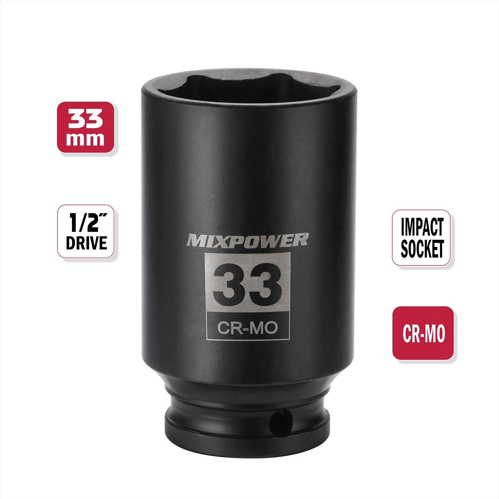 MIXPOWER 1/2″ Drive Deep Impact Socket, CR-MO, 33 mm, METRIC, 6 Point, 33mm