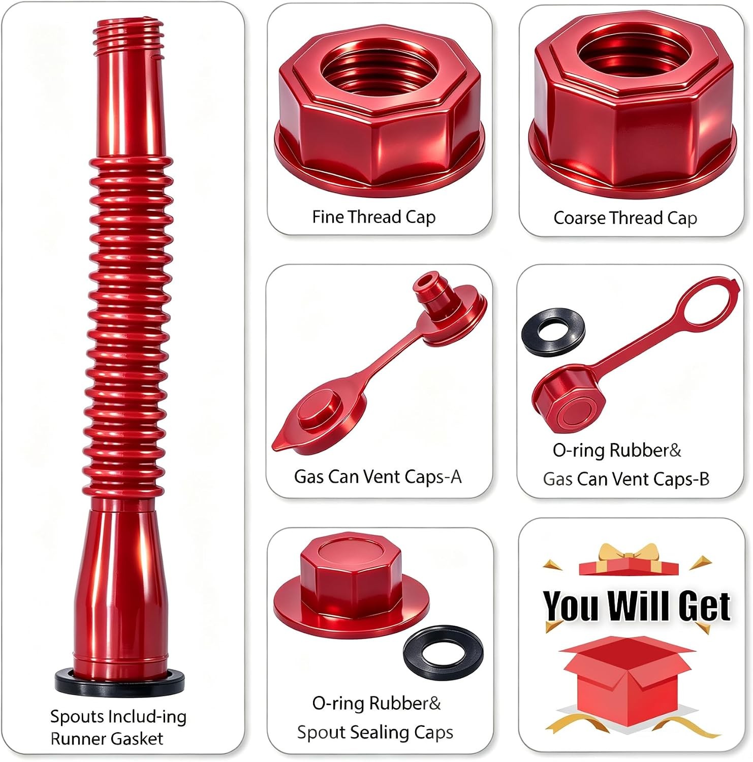 Red Gas Can Spout, 1/2/5/10 Gallon Nozzle Kit, 2 Size Screw Collar Caps, Vent Ca