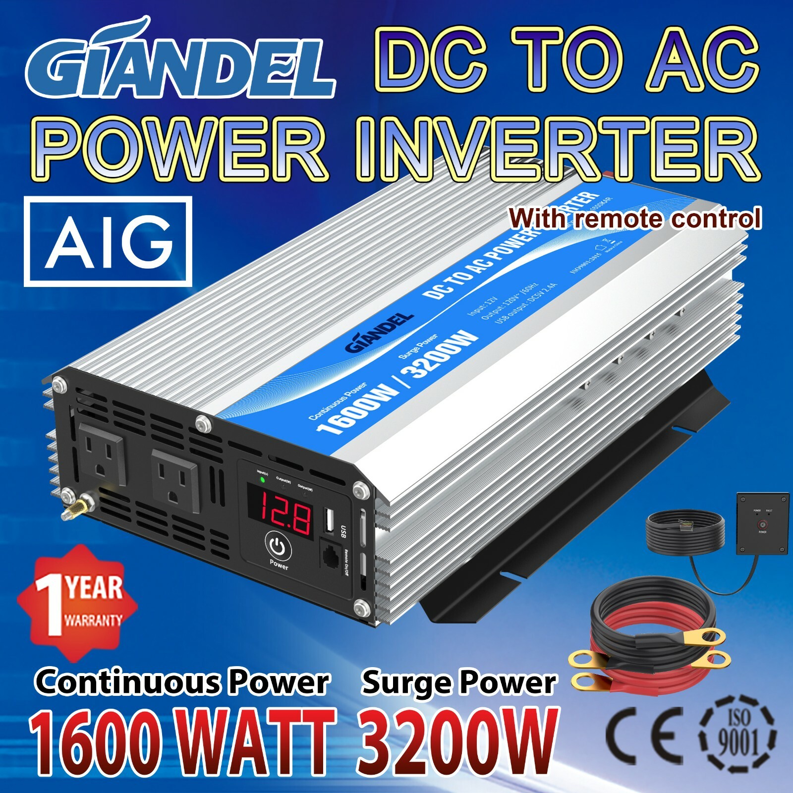 1600W Power Inverter Modified Wave 12V to 110V~120V USA Transistors 4.5M Remote