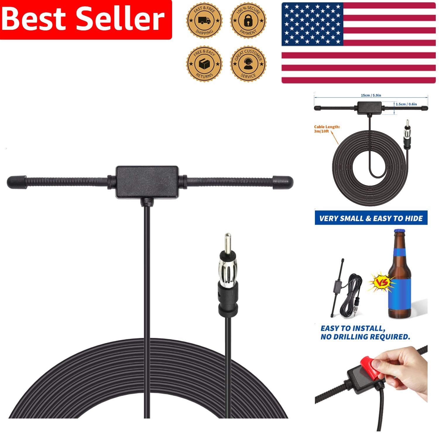 Universal Car Stereo AM FM Dipole Antenna Hidden Adhesive Mount 10ft Cable