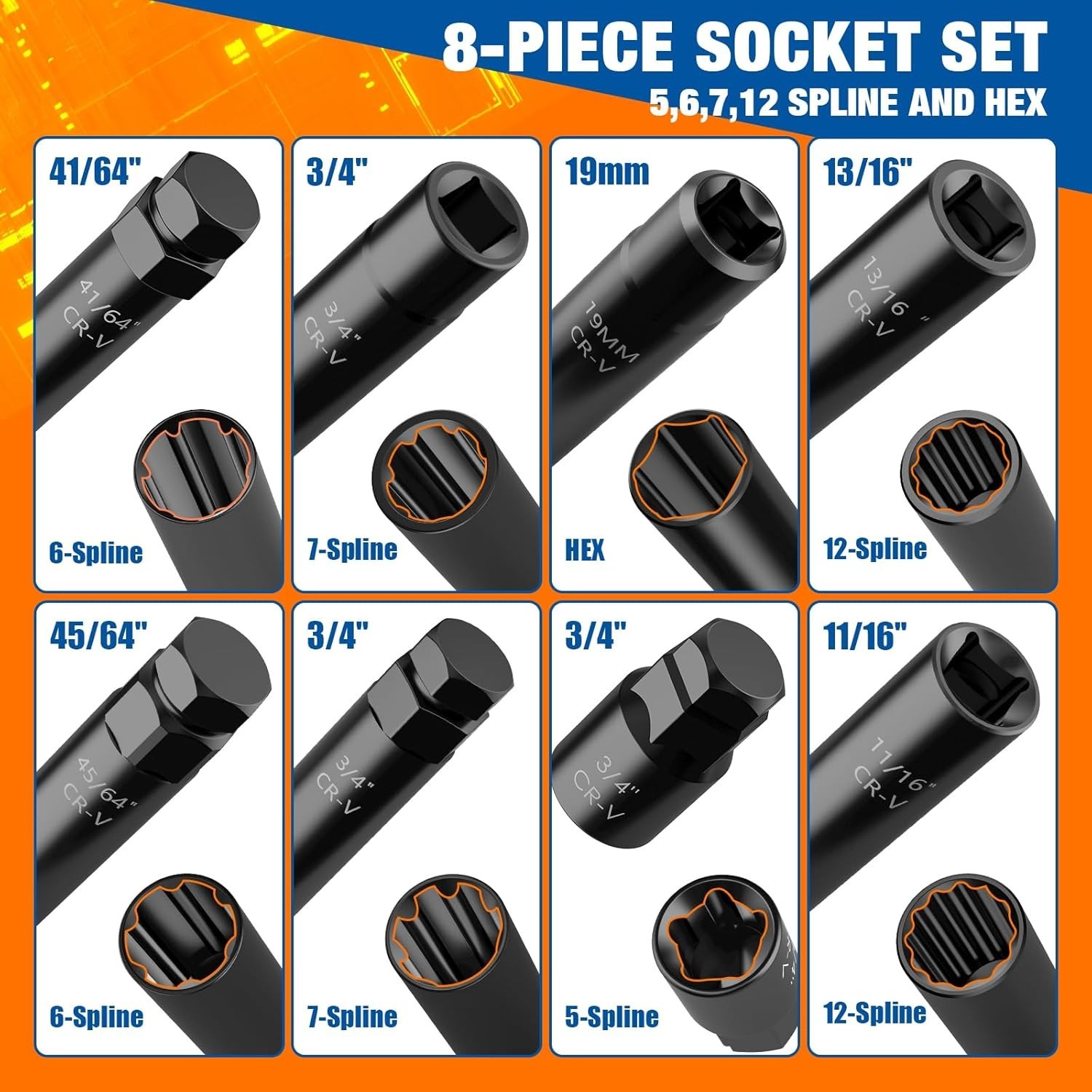 Durable 8-Piece Spline Socket Set for Aftermarket Rims – Rust-Resistant Design