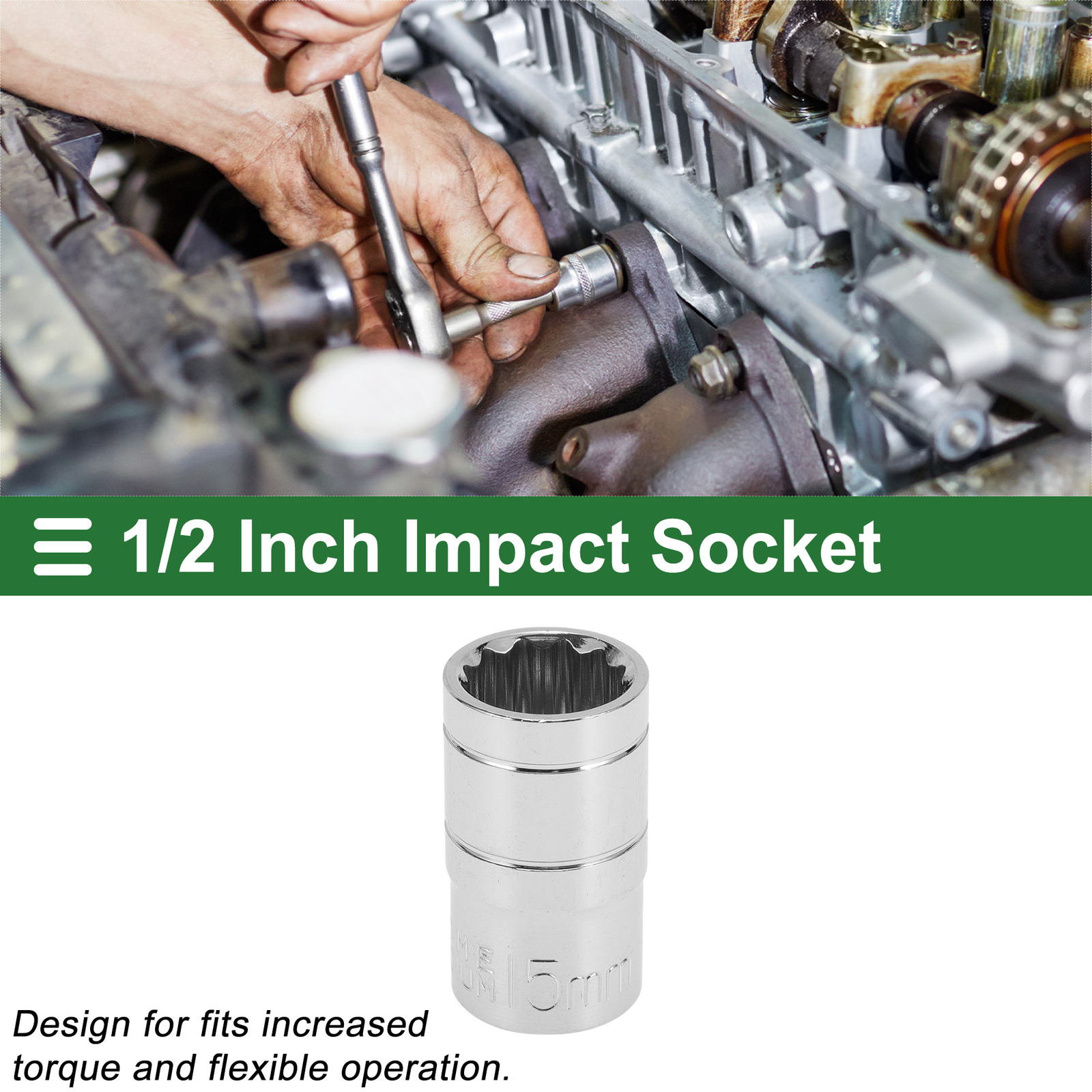 Universal 1/2 Inch Drive Impact Socket 15mm 12 Point Chrome Vanadium Steel 1 Pc