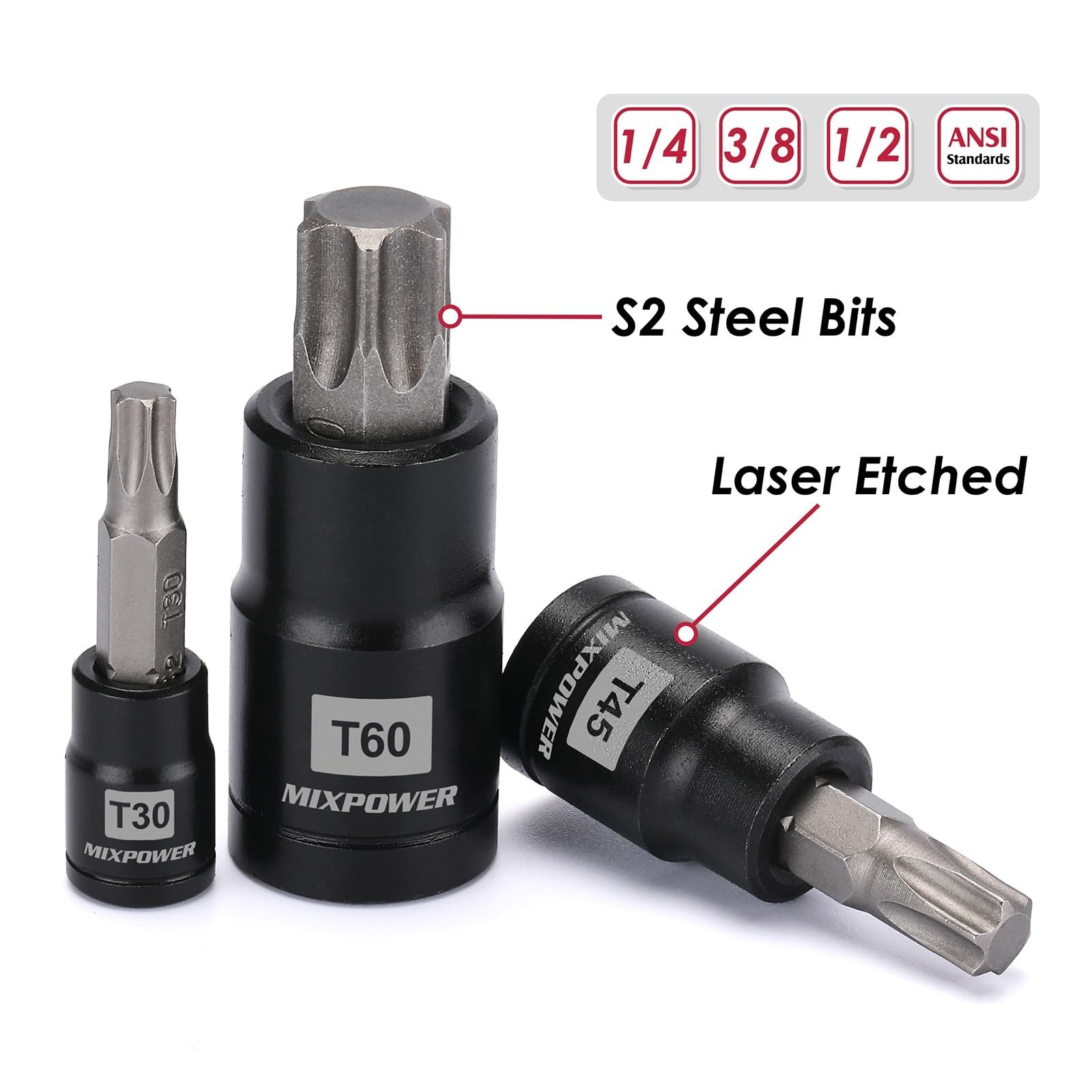 25-Piece Torx Bit & Socket Set, 13 Star Bits (T8-T60), 12 E-Torx Sockets (E4-E22