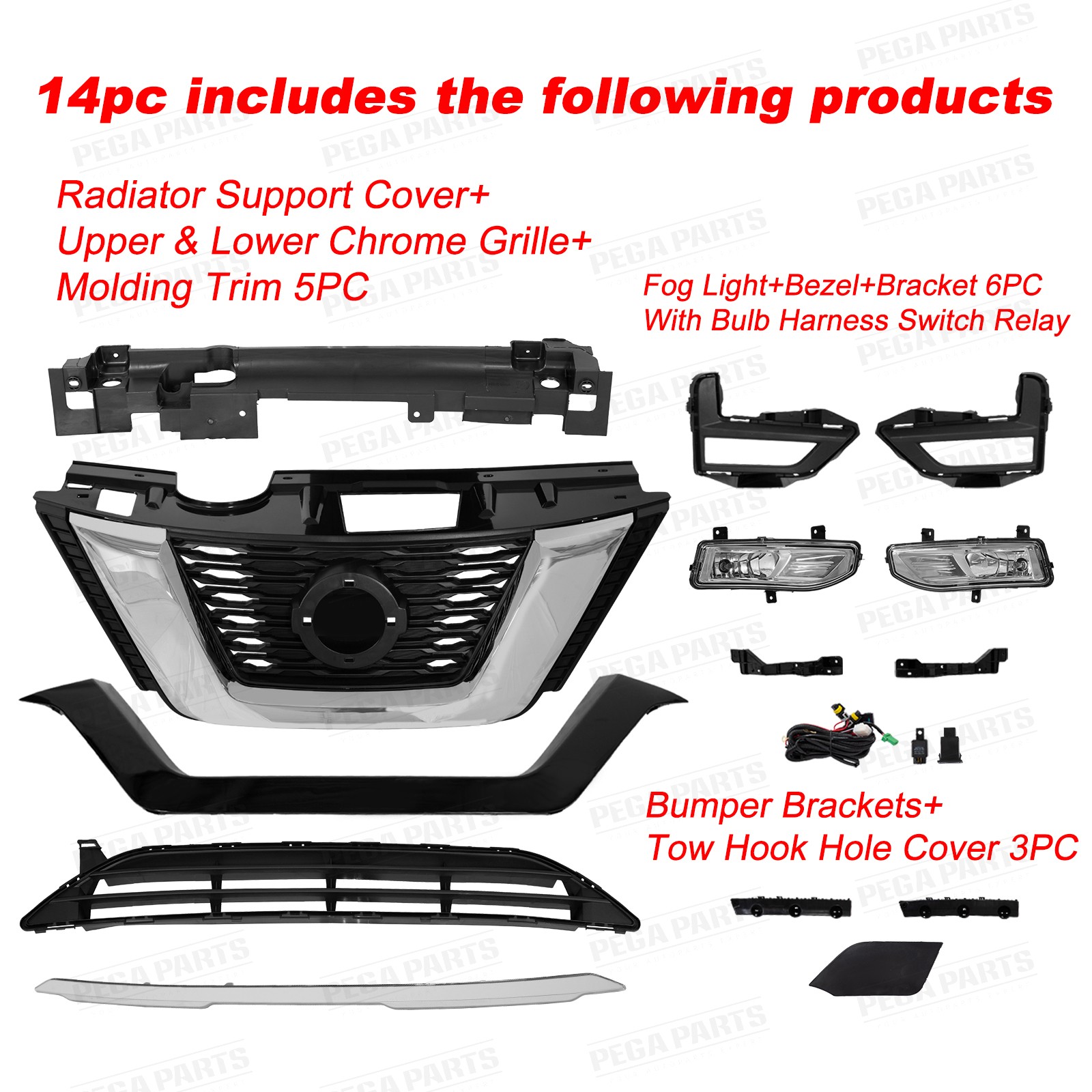 For Nissan Rogue 2017-2019 Front Upper Lower Grille Fog light Kit Radiator Cover