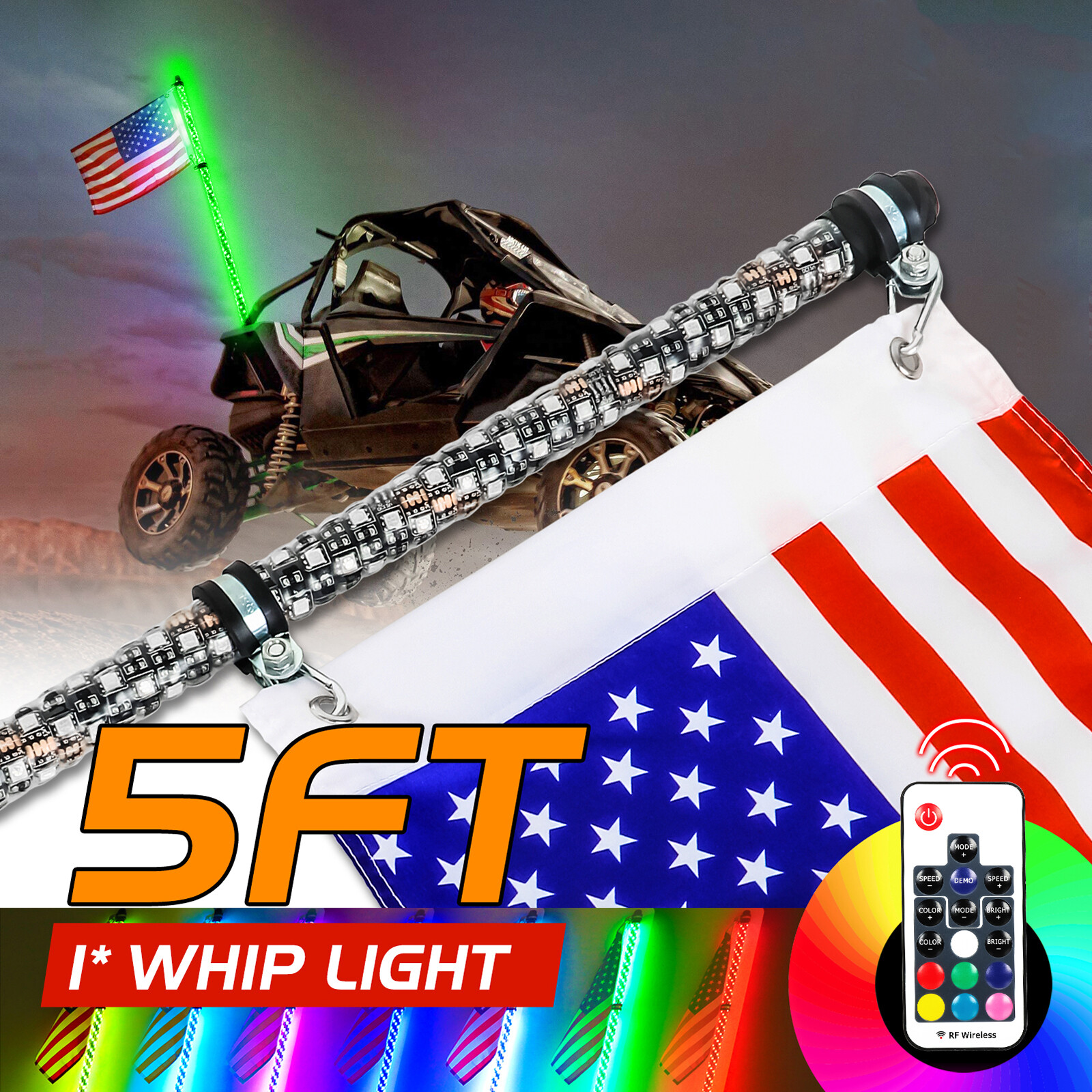 5ft RGB Spiral LED Whip Lights Antenna Chase + Flag&Remote for ATV UTV JEEP