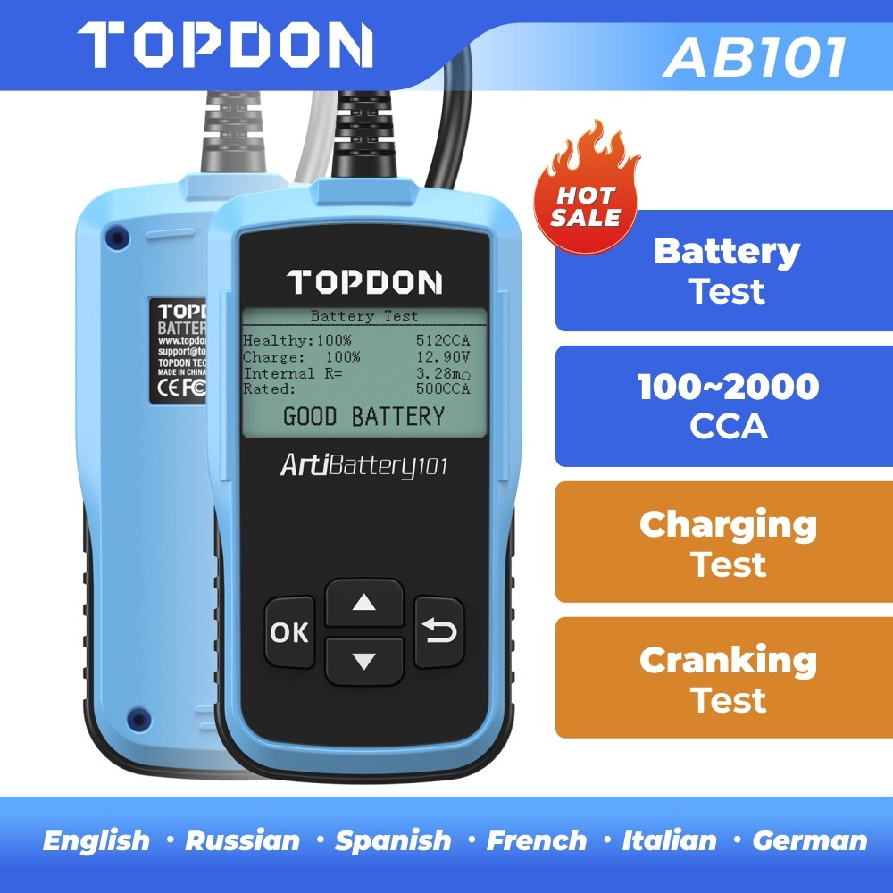TOPDON AB101 Battery Tester Car 12V Battery Load Tester for Flooded AGM Gel