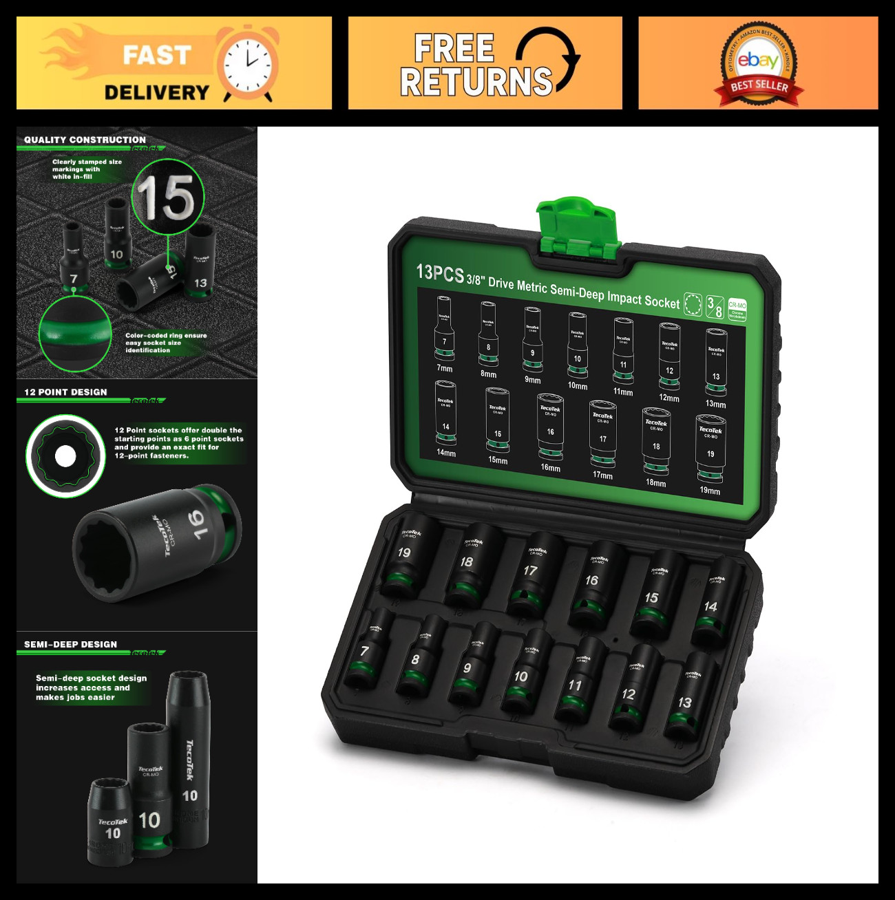 12-Point Metric Semi-Deep Impact Socket Set, 3/8″ Drive, 7mm-19mm, 13-Piece CR-M