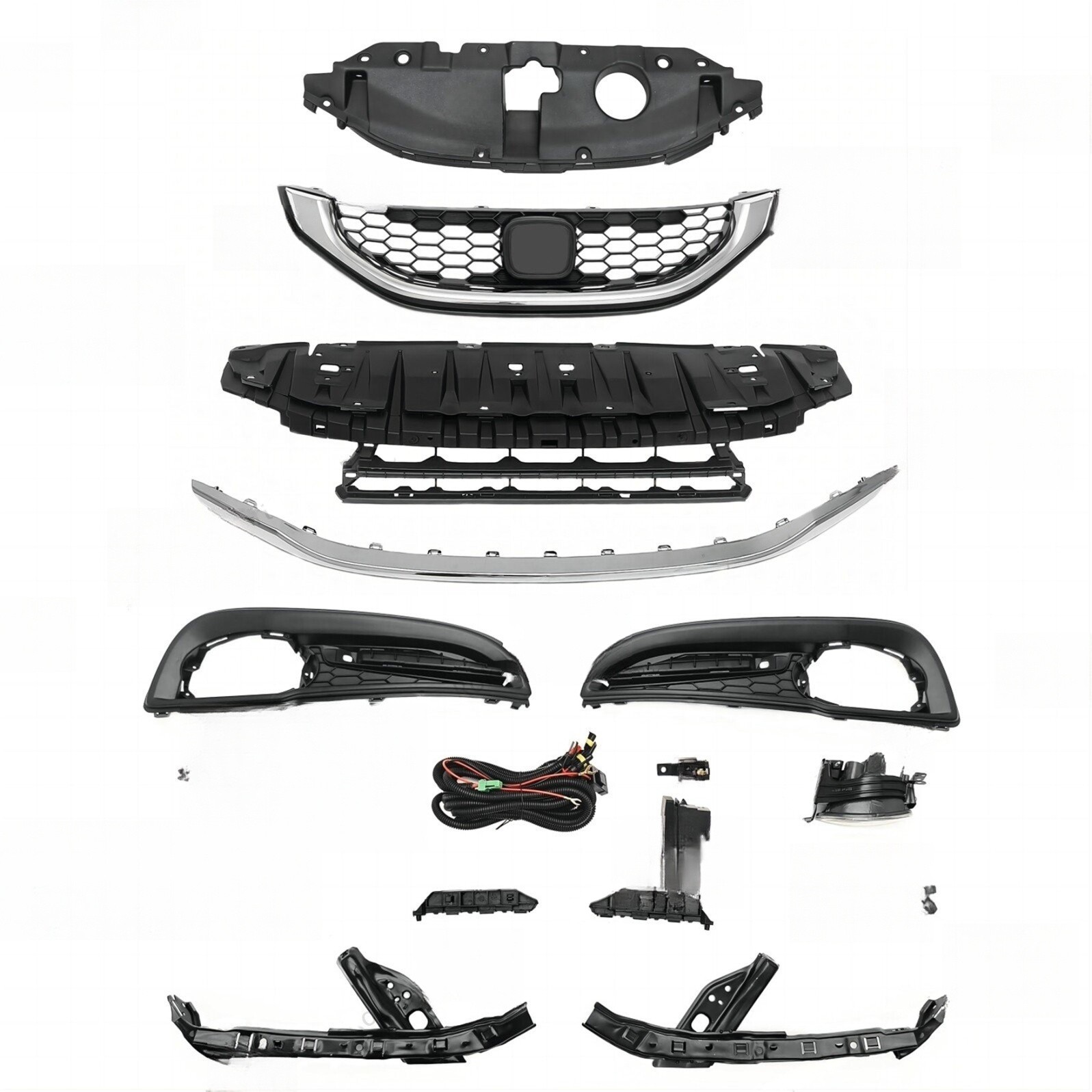 Front Bumper Chrome Grille KIT +Fog lights Bezel For 2013-2015 Honda Civic Sedan
